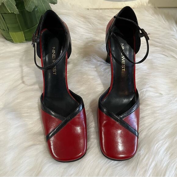 NEW Nine West Leather Y2K Two Tone Square Chunky Heel Ankle Wrap Pump 5.5 NWOT - Picture 2 of 15